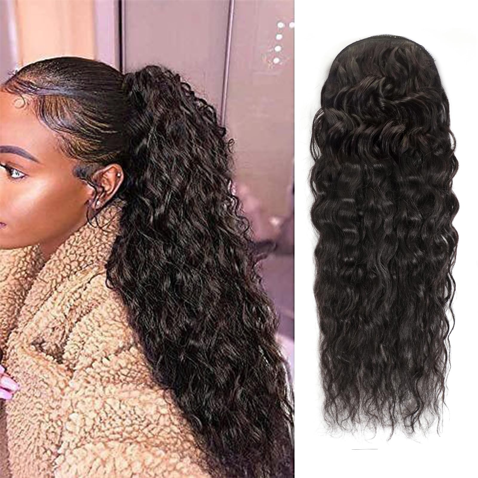 Seamless Clip In Hair Extensions Human Hair - Doczepiany kucyk z włosów naturalnych, falowany,