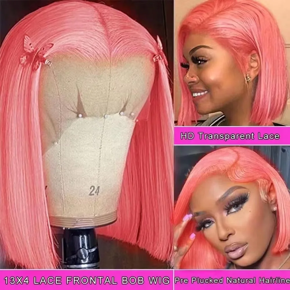 Pre Parted 13X4 Lace Front Bob Wig - 10-calowa różowa peruka typu bob, wykonana